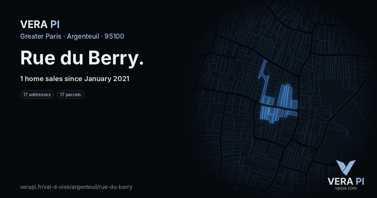 Rue du Berry, Argenteuil at night – every parcel coloured by the prices around it, the street's own parcels lit