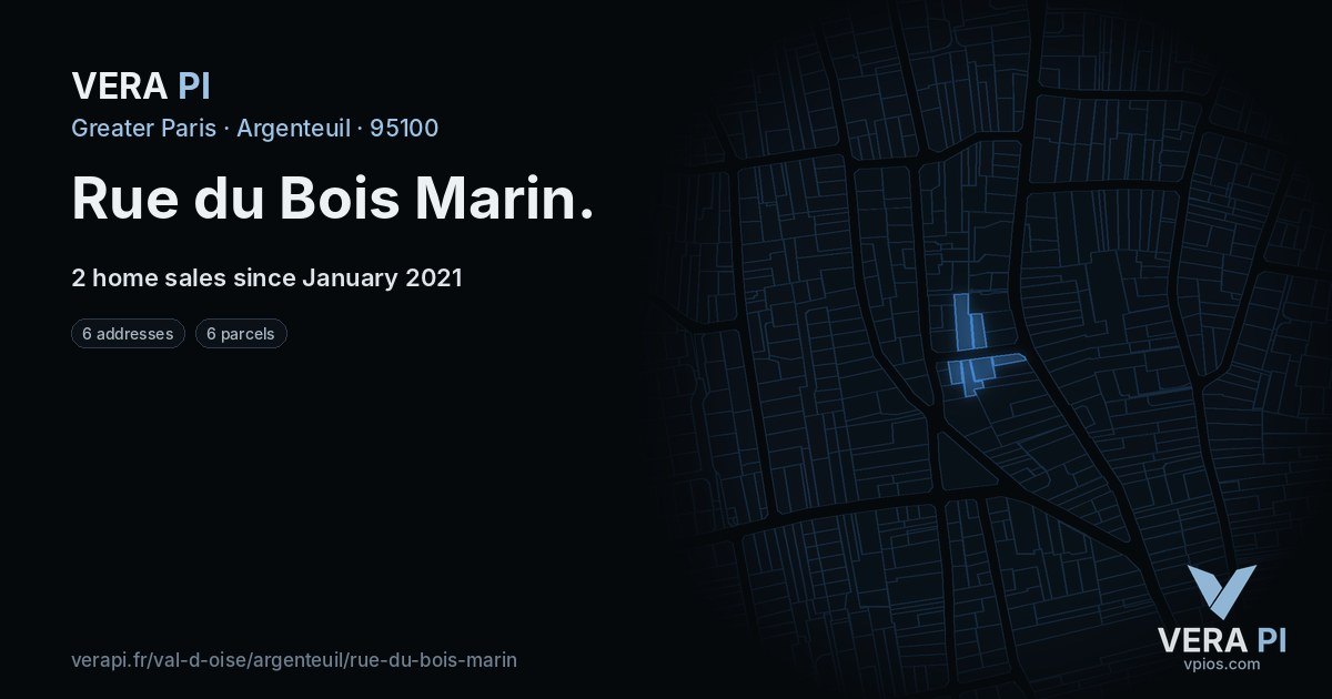 Rue du Bois Marin, Argenteuil at night – every parcel coloured by the prices around it, the street's own parcels lit