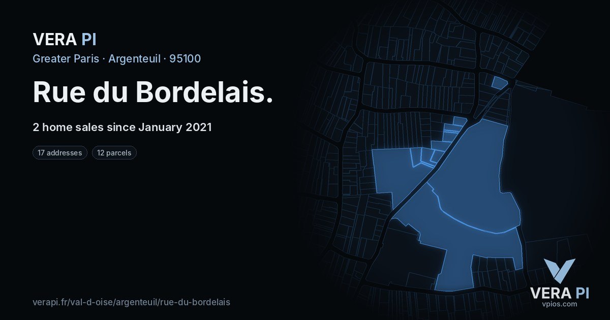 Rue du Bordelais, Argenteuil at night – every parcel coloured by the prices around it, the street's own parcels lit