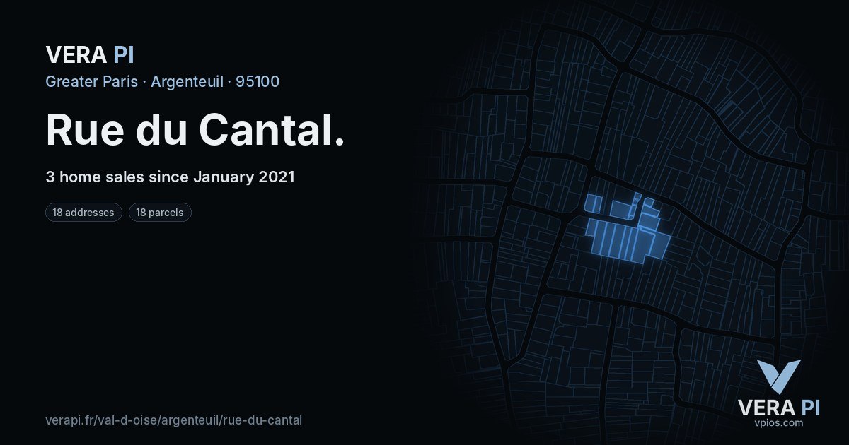 Rue du Cantal, Argenteuil at night – every parcel coloured by the prices around it, the street's own parcels lit