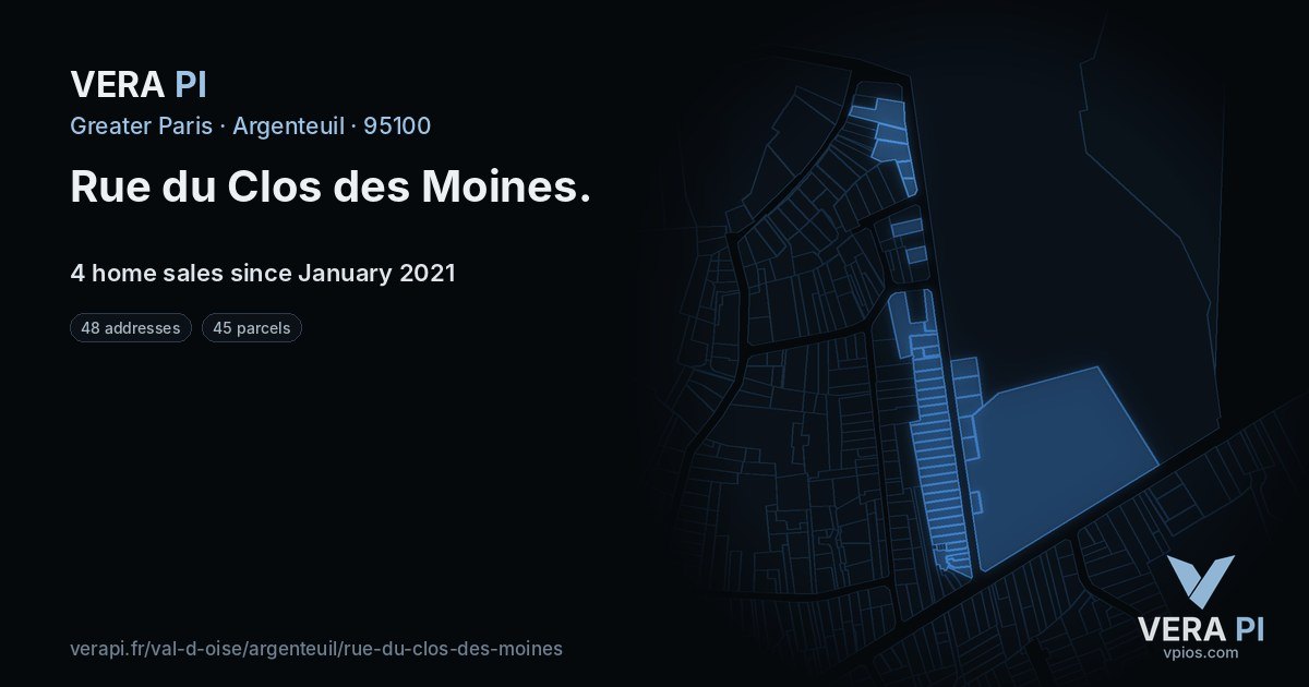 Rue du Clos des Moines, Argenteuil at night – every parcel coloured by the prices around it, the street's own parcels lit