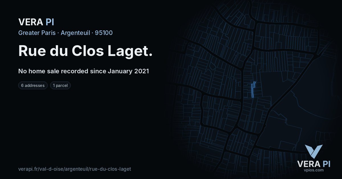 Rue du Clos Laget, Argenteuil at night – every parcel coloured by the prices around it, the street's own parcels lit