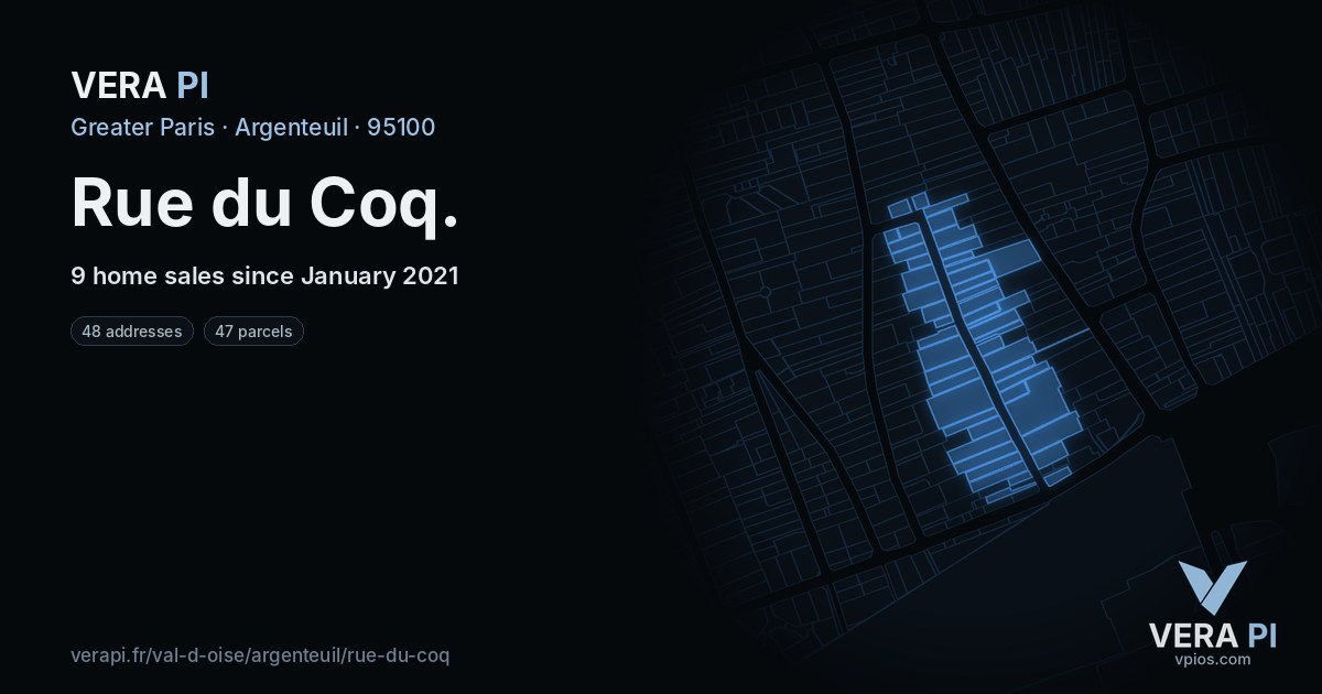Rue du Coq, Argenteuil at night – every parcel coloured by the prices around it, the street's own parcels lit