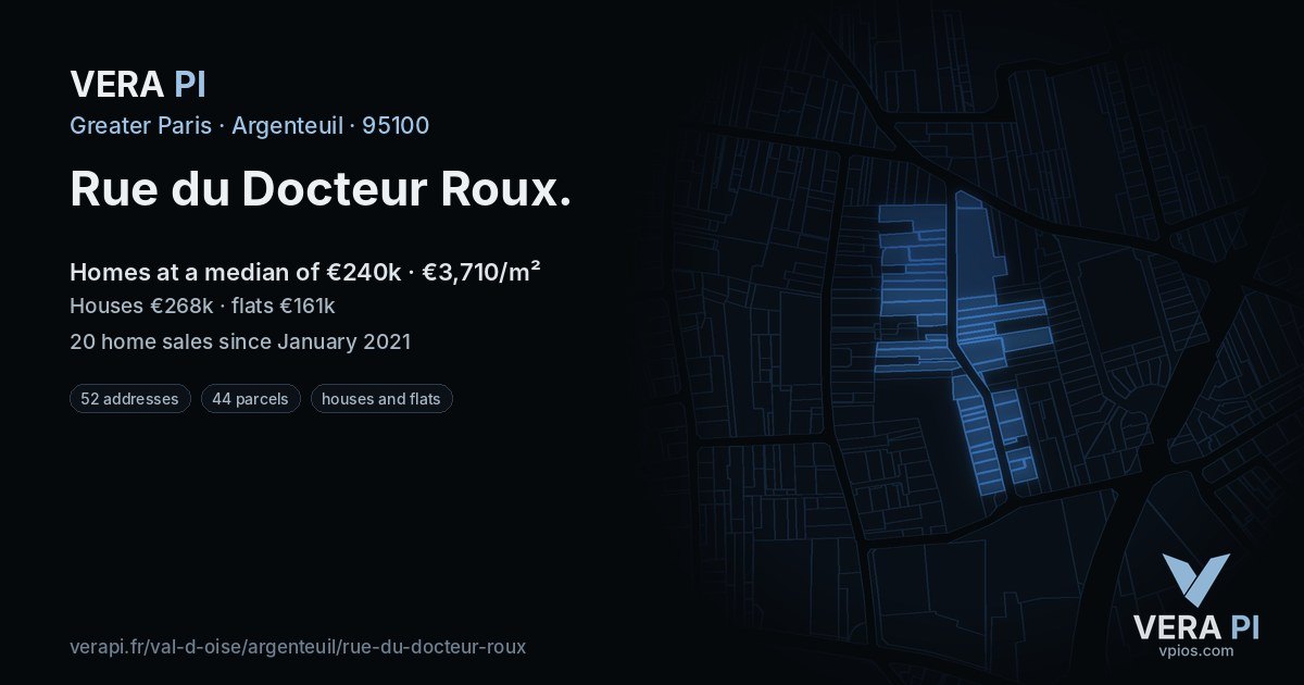 Rue du Docteur Roux, Argenteuil at night – every parcel coloured by the prices around it, the street's own parcels lit