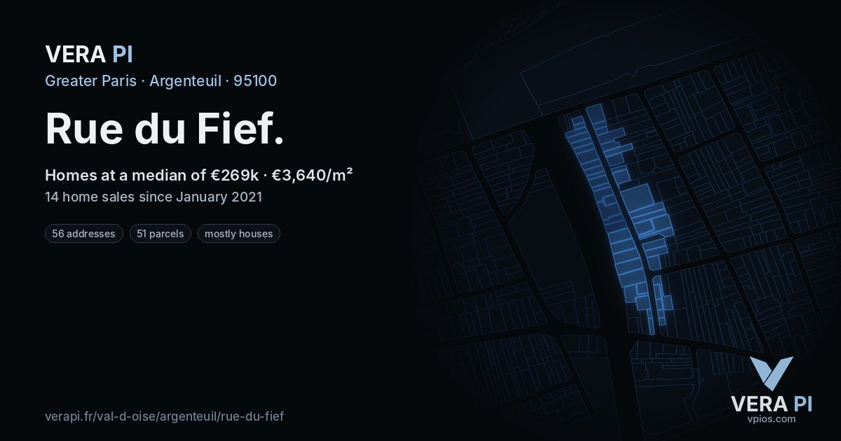 Rue du Fief, Argenteuil at night – every parcel coloured by the prices around it, the street's own parcels lit