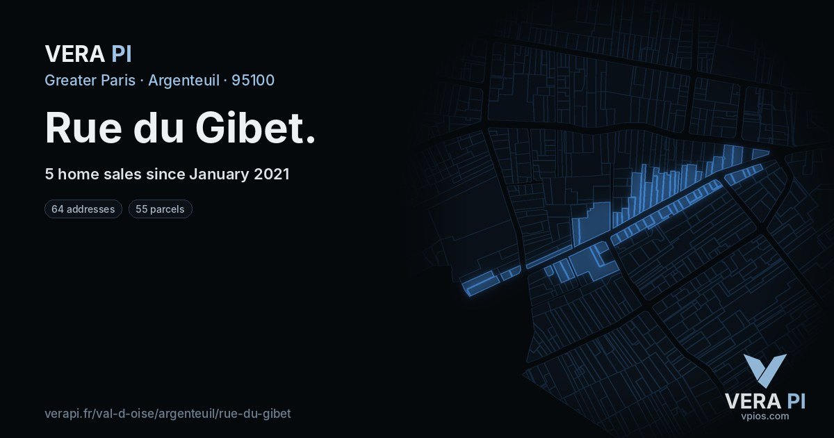 Rue du Gibet, Argenteuil at night – every parcel coloured by the prices around it, the street's own parcels lit