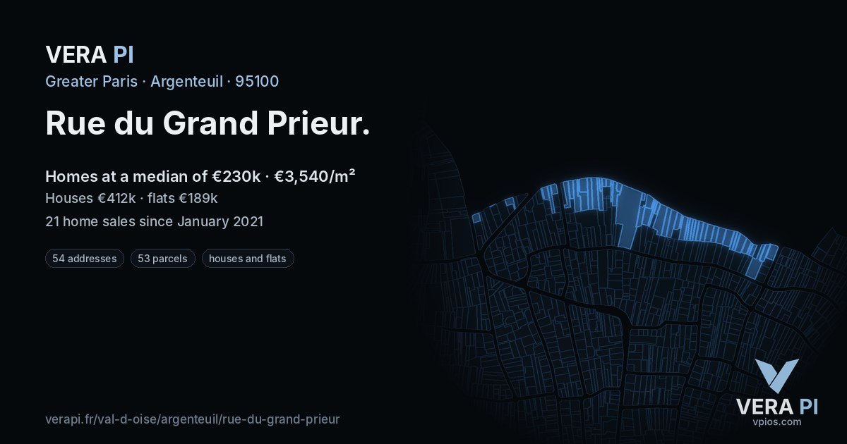 Rue du Grand Prieur, Argenteuil at night – every parcel coloured by the prices around it, the street's own parcels lit