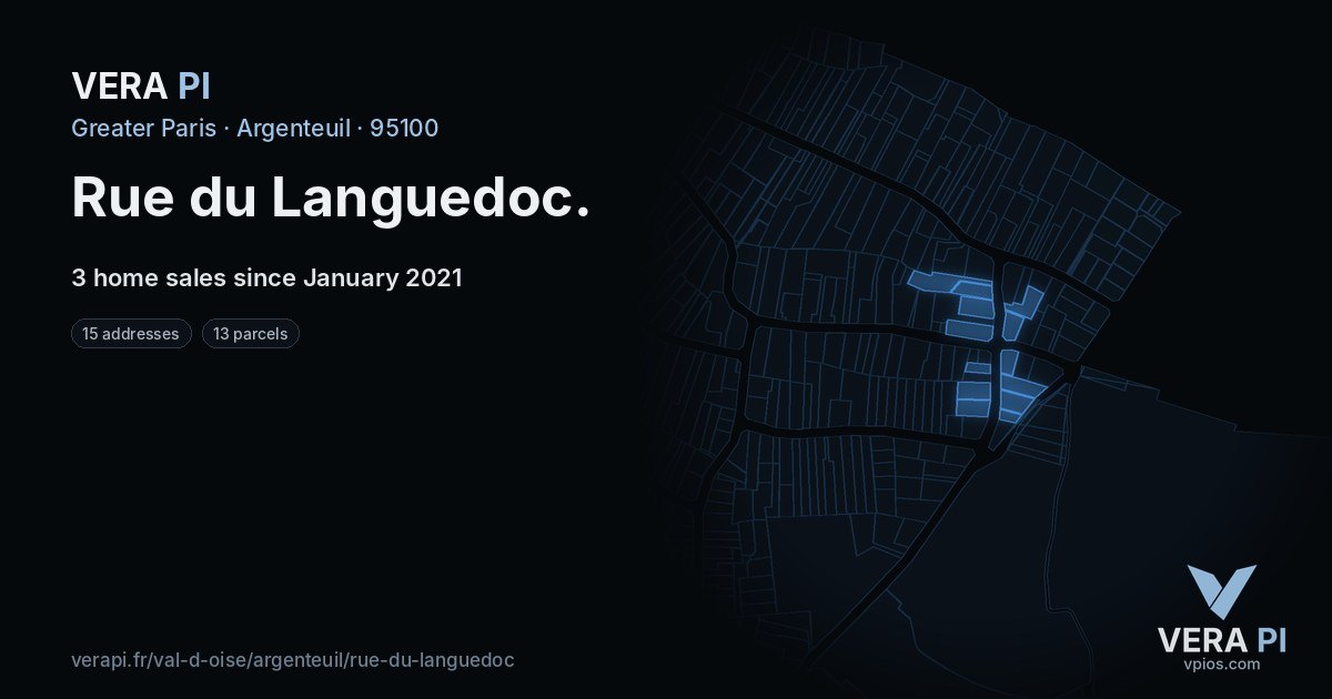 Rue du Languedoc, Argenteuil at night – every parcel coloured by the prices around it, the street's own parcels lit