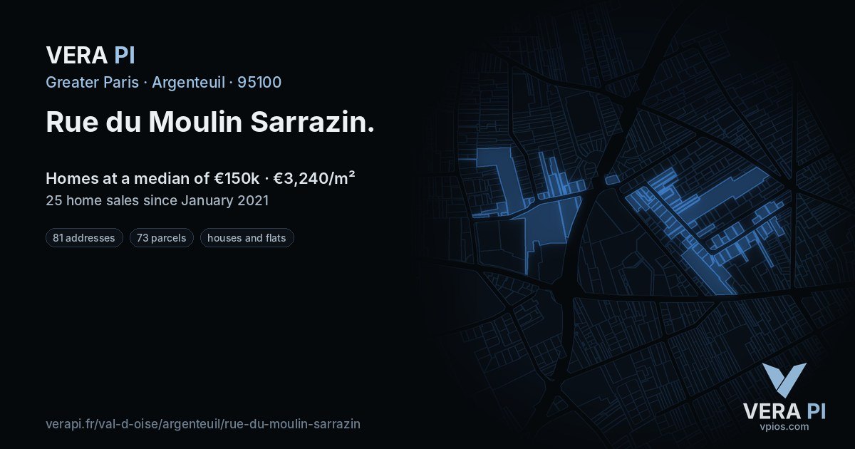 Rue du Moulin Sarrazin, Argenteuil at night – every parcel coloured by the prices around it, the street's own parcels lit