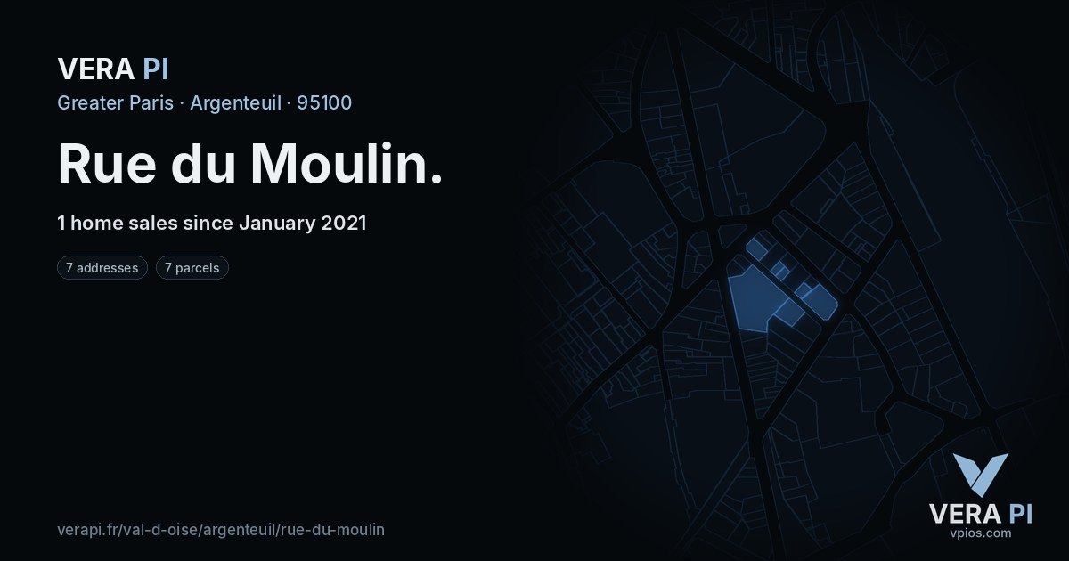 Rue du Moulin, Argenteuil at night – every parcel coloured by the prices around it, the street's own parcels lit