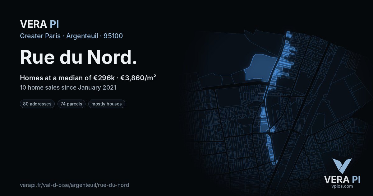 Rue du Nord, Argenteuil at night – every parcel coloured by the prices around it, the street's own parcels lit