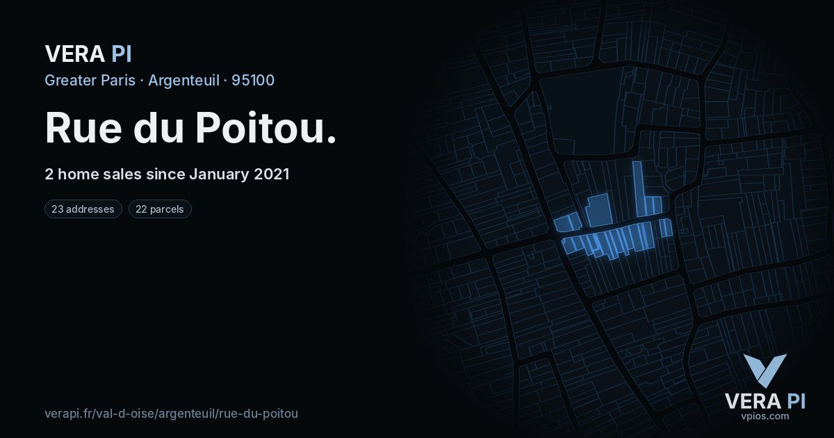 Rue du Poitou, Argenteuil at night – every parcel coloured by the prices around it, the street's own parcels lit
