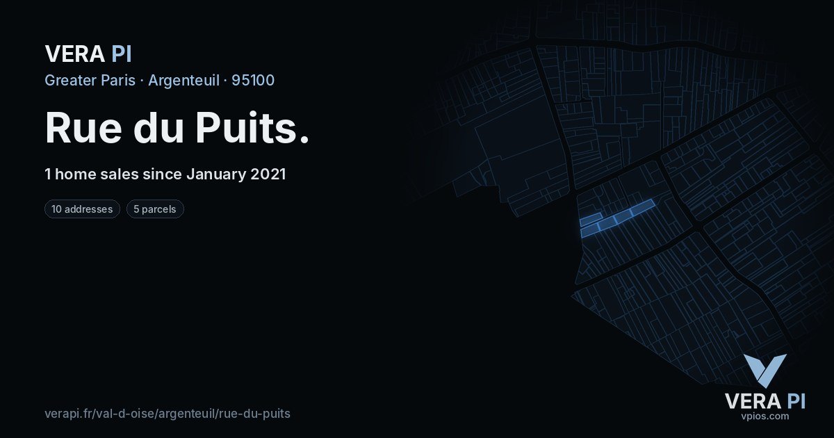Rue du Puits, Argenteuil at night – every parcel coloured by the prices around it, the street's own parcels lit