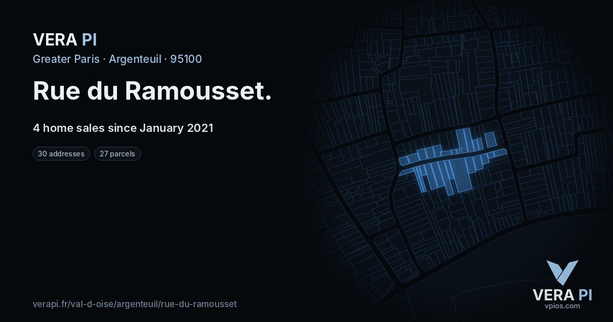 Rue du Ramousset, Argenteuil at night – every parcel coloured by the prices around it, the street's own parcels lit