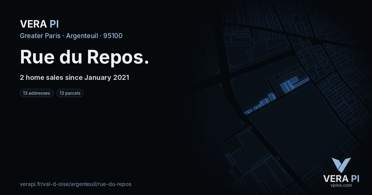 Rue du Repos, Argenteuil at night – every parcel coloured by the prices around it, the street's own parcels lit