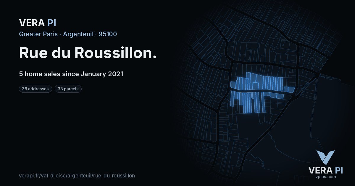 Rue du Roussillon, Argenteuil at night – every parcel coloured by the prices around it, the street's own parcels lit