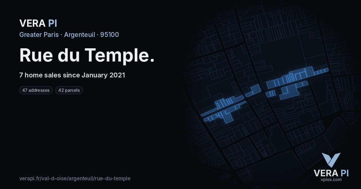 Rue du Temple, Argenteuil at night – every parcel coloured by the prices around it, the street's own parcels lit