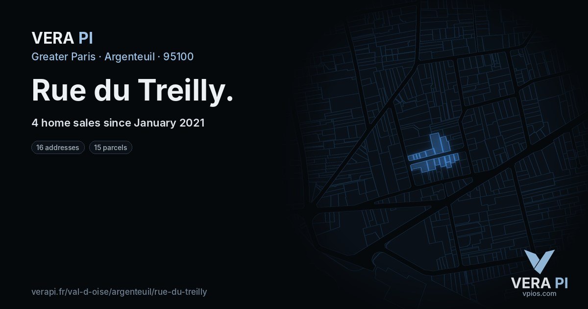 Rue du Treilly, Argenteuil at night – every parcel coloured by the prices around it, the street's own parcels lit