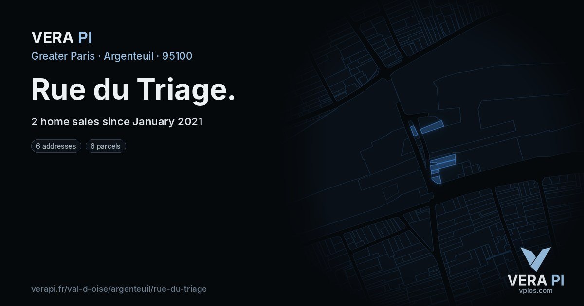 Rue du Triage, Argenteuil at night – every parcel coloured by the prices around it, the street's own parcels lit