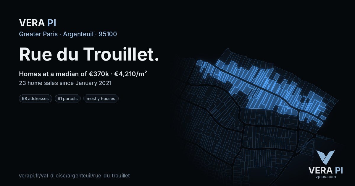 Rue du Trouillet, Argenteuil at night – every parcel coloured by the prices around it, the street's own parcels lit