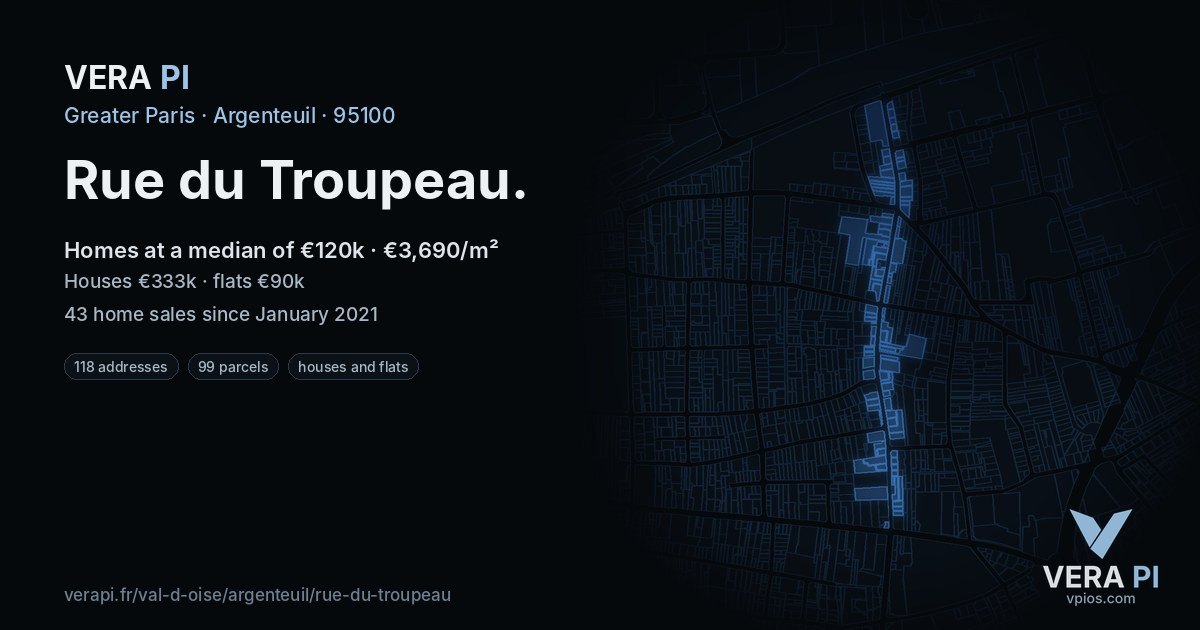 Rue du Troupeau, Argenteuil at night – every parcel coloured by the prices around it, the street's own parcels lit
