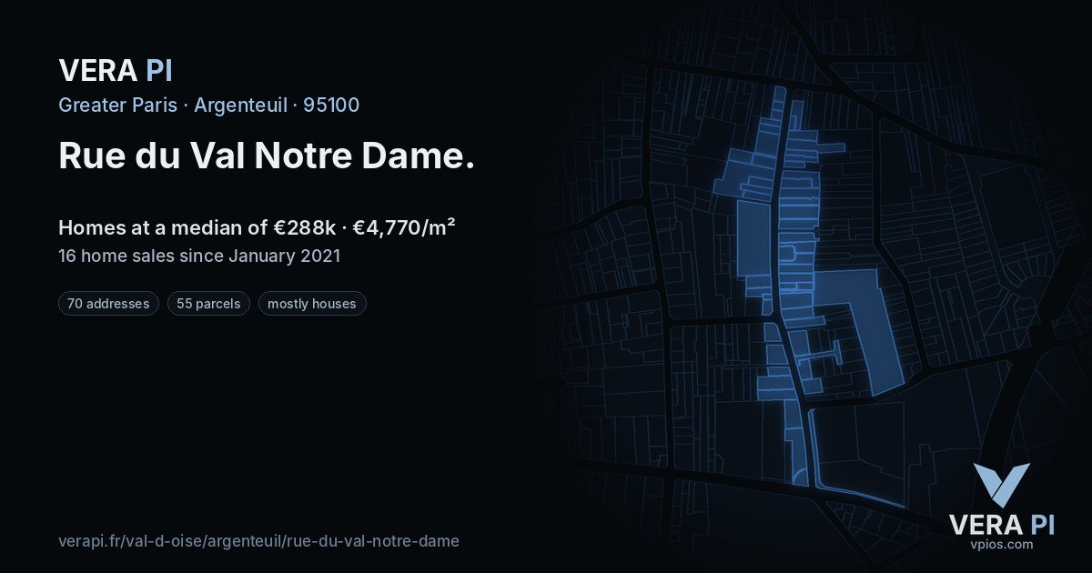 Rue du Val Notre Dame, Argenteuil at night – every parcel coloured by the prices around it, the street's own parcels lit