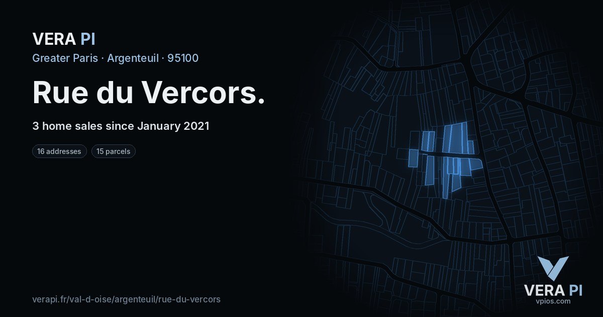 Rue du Vercors, Argenteuil at night – every parcel coloured by the prices around it, the street's own parcels lit