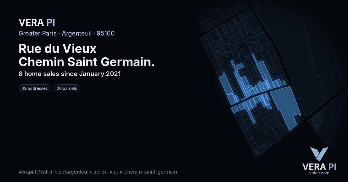 Rue du Vieux Chemin Saint Germain, Argenteuil at night – every parcel coloured by the prices around it, the street's own parcels lit