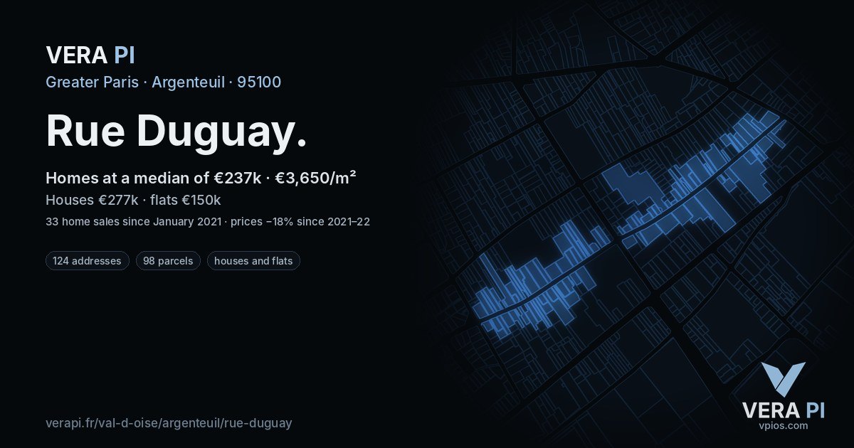 Rue Duguay, Argenteuil at night – every parcel coloured by the prices around it, the street's own parcels lit