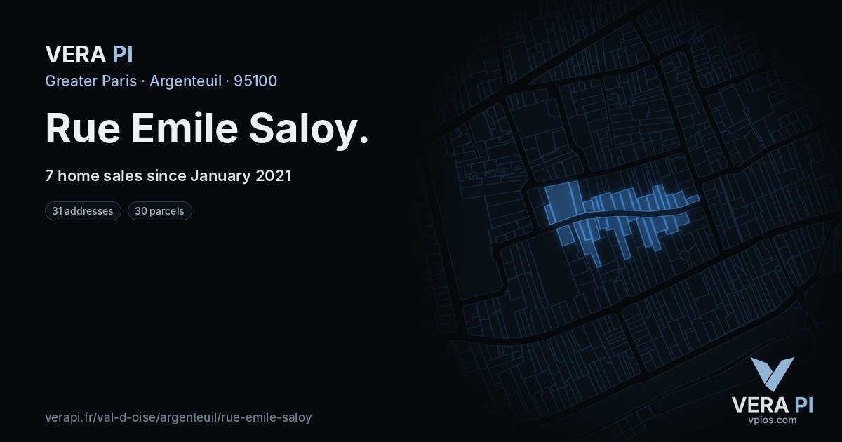 Rue Emile Saloy, Argenteuil at night – every parcel coloured by the prices around it, the street's own parcels lit