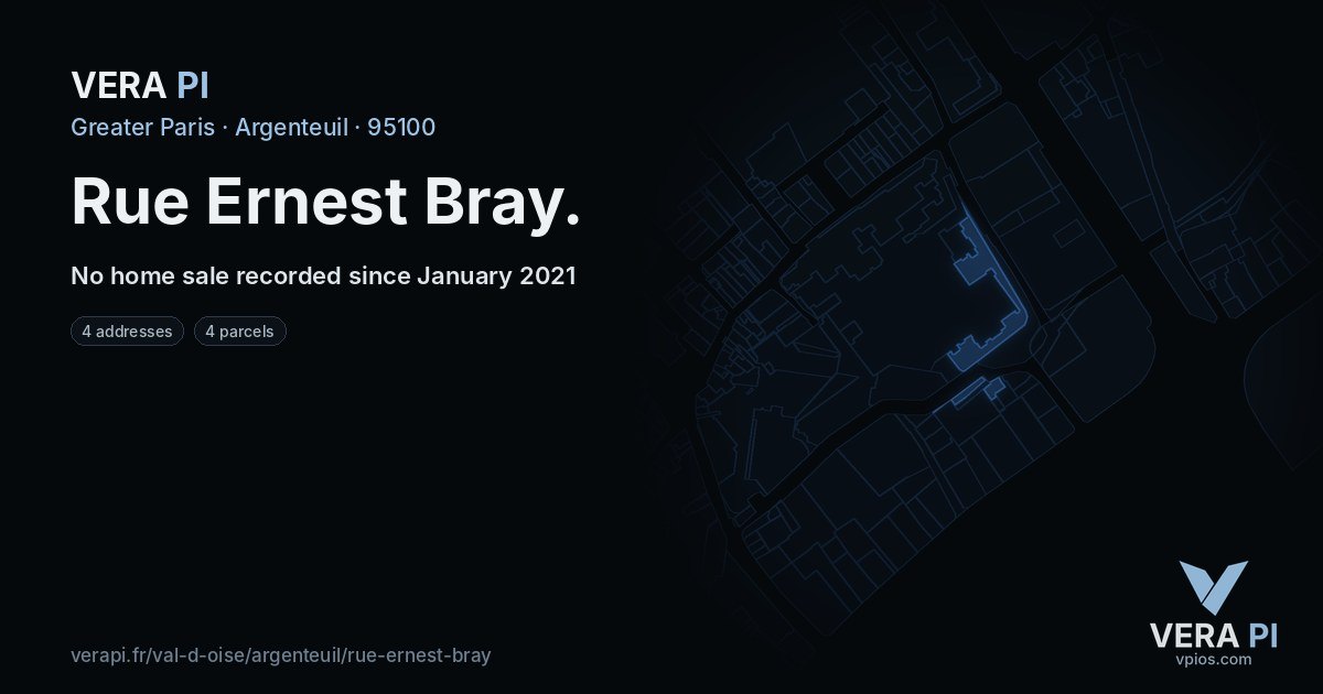 Rue Ernest Bray, Argenteuil at night – every parcel coloured by the prices around it, the street's own parcels lit
