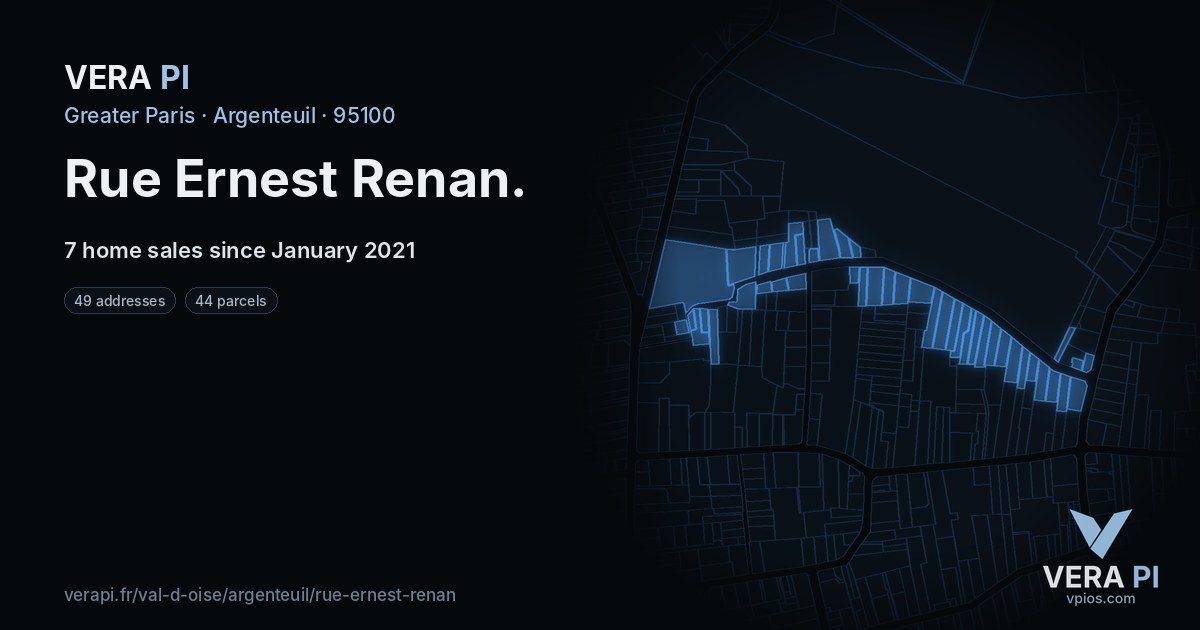 Rue Ernest Renan, Argenteuil at night – every parcel coloured by the prices around it, the street's own parcels lit