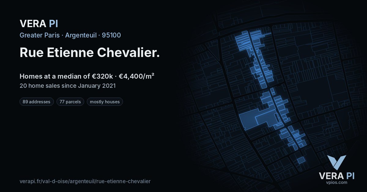 Rue Etienne Chevalier, Argenteuil at night – every parcel coloured by the prices around it, the street's own parcels lit