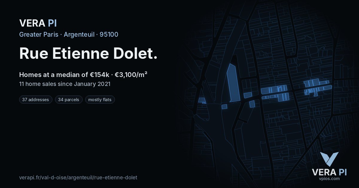 Rue Etienne Dolet, Argenteuil at night – every parcel coloured by the prices around it, the street's own parcels lit