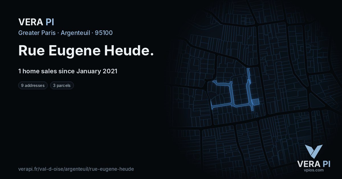 Rue Eugene Heude, Argenteuil at night – every parcel coloured by the prices around it, the street's own parcels lit
