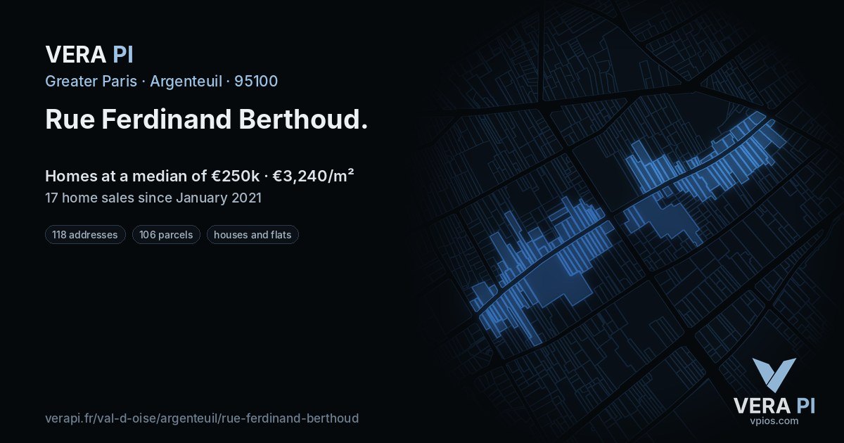 Rue Ferdinand Berthoud, Argenteuil at night – every parcel coloured by the prices around it, the street's own parcels lit