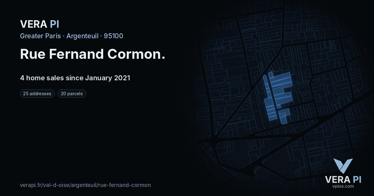 Rue Fernand Cormon, Argenteuil at night – every parcel coloured by the prices around it, the street's own parcels lit