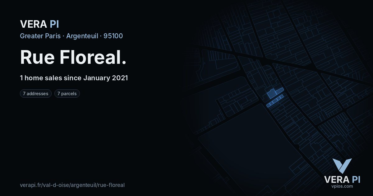 Rue Floreal, Argenteuil at night – every parcel coloured by the prices around it, the street's own parcels lit