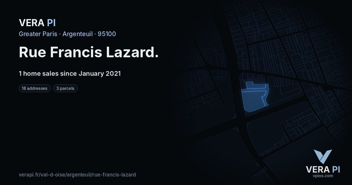 Rue Francis Lazard, Argenteuil at night – every parcel coloured by the prices around it, the street's own parcels lit