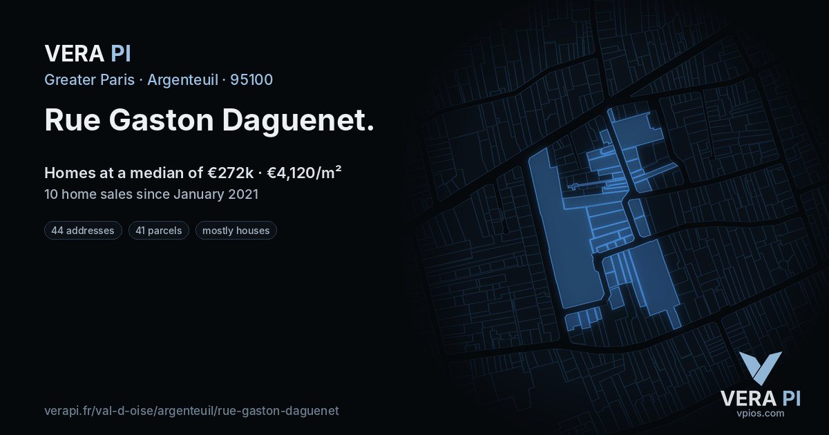 Rue Gaston Daguenet, Argenteuil at night – every parcel coloured by the prices around it, the street's own parcels lit