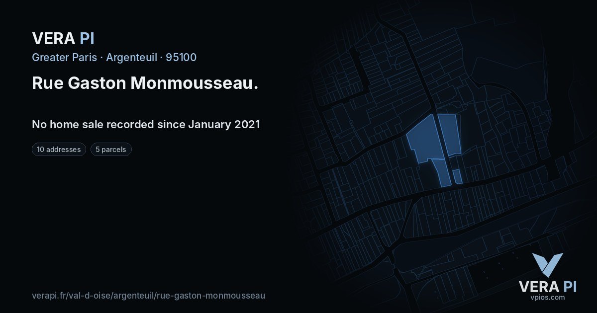 Rue Gaston Monmousseau, Argenteuil at night – every parcel coloured by the prices around it, the street's own parcels lit