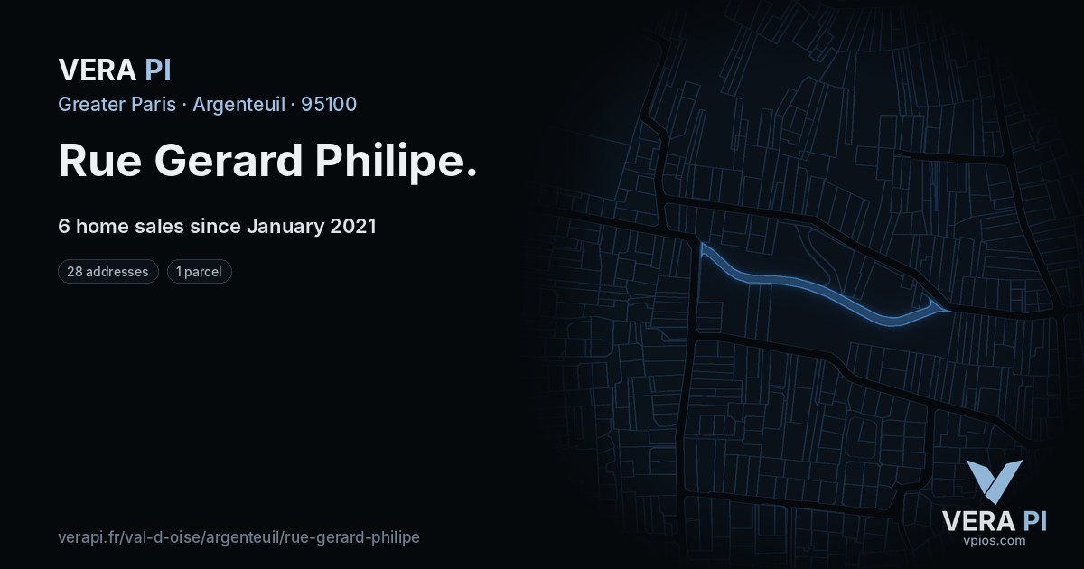 Rue Gerard Philipe, Argenteuil at night – every parcel coloured by the prices around it, the street's own parcels lit