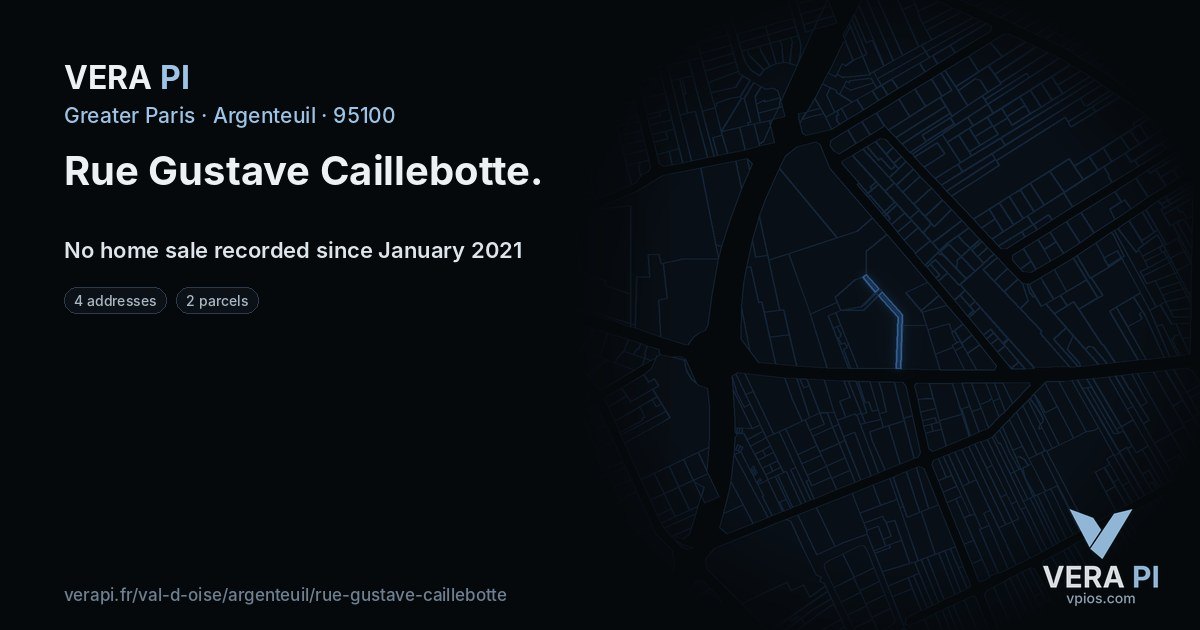 Rue Gustave Caillebotte, Argenteuil at night – every parcel coloured by the prices around it, the street's own parcels lit