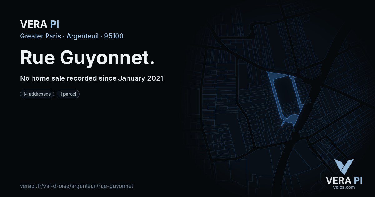 Rue Guyonnet, Argenteuil at night – every parcel coloured by the prices around it, the street's own parcels lit