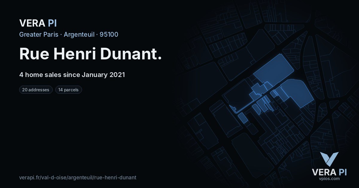 Rue Henri Dunant, Argenteuil at night – every parcel coloured by the prices around it, the street's own parcels lit