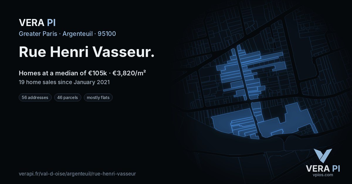 Rue Henri Vasseur, Argenteuil at night – every parcel coloured by the prices around it, the street's own parcels lit
