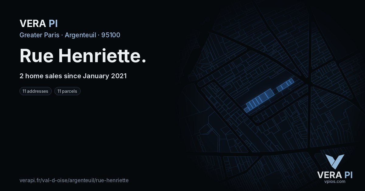 Rue Henriette, Argenteuil at night – every parcel coloured by the prices around it, the street's own parcels lit