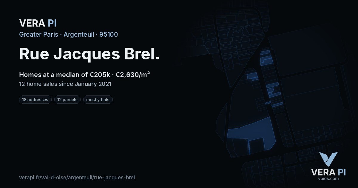 Rue Jacques Brel, Argenteuil at night – every parcel coloured by the prices around it, the street's own parcels lit