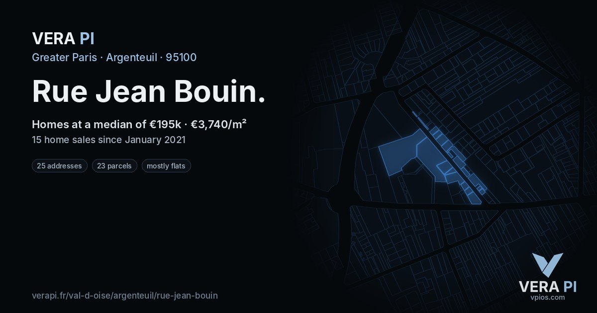 Rue Jean Bouin, Argenteuil at night – every parcel coloured by the prices around it, the street's own parcels lit
