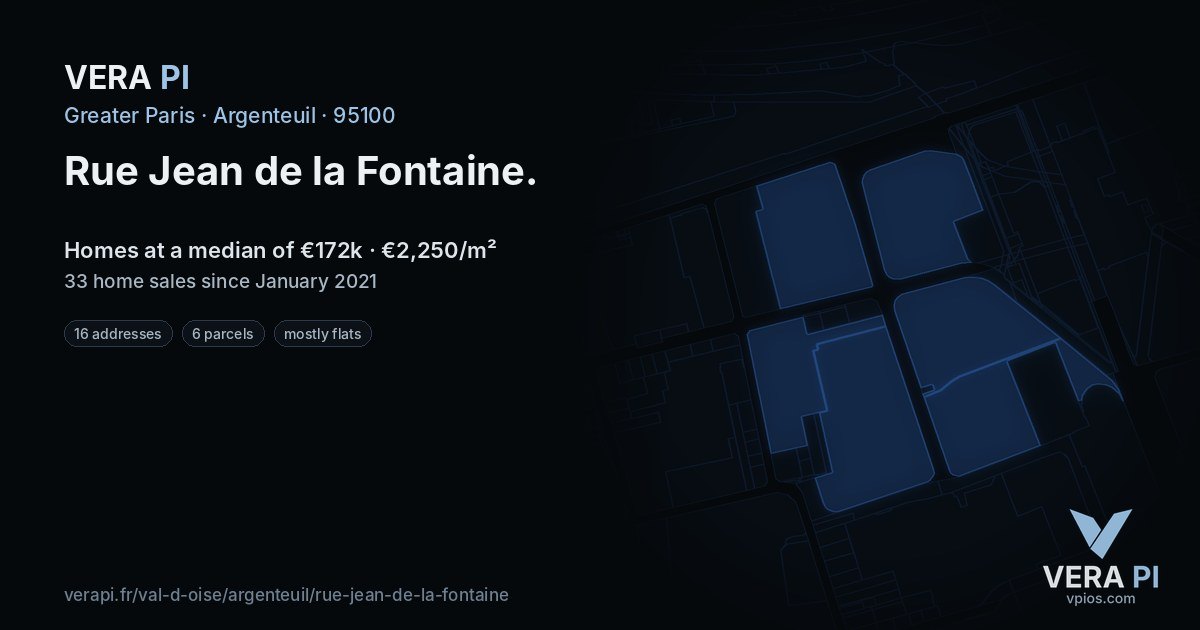 Rue Jean de la Fontaine, Argenteuil at night – every parcel coloured by the prices around it, the street's own parcels lit
